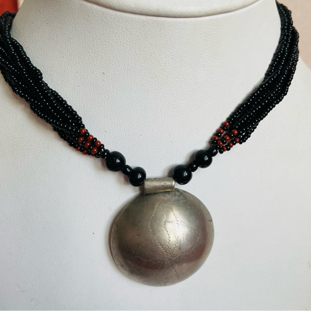 Vintage Black Beaded Necklace with Large Silver Tone Dome Pendant 18”